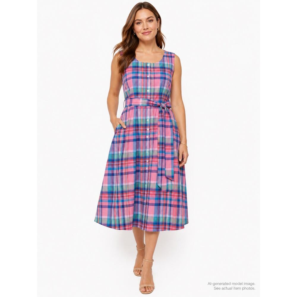 354. NWT Talbots Pink Blue Plaid Sleeveless Belted Dress Size 14